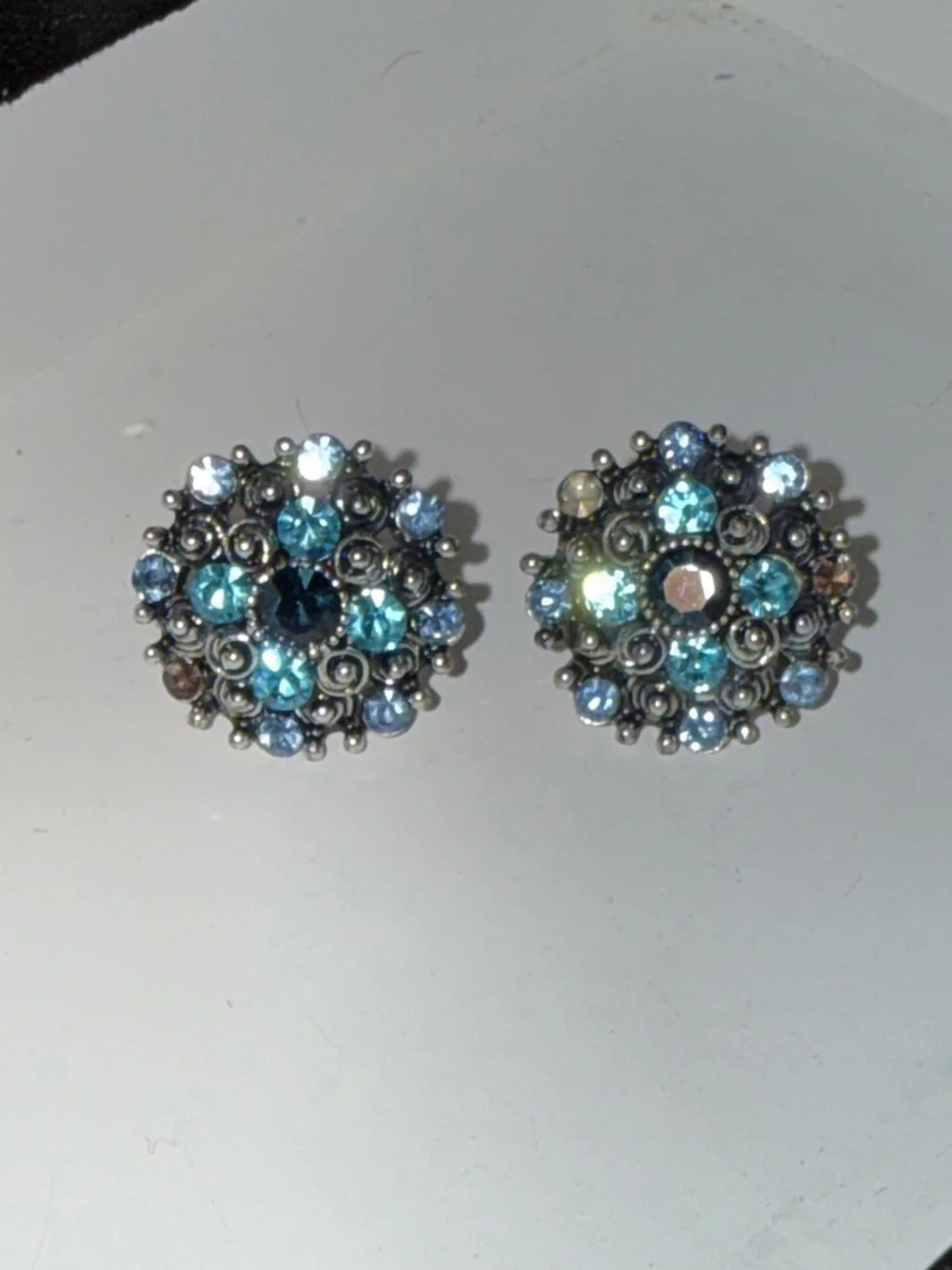 Vintage Blue Crystal Cluster Stud Earrings